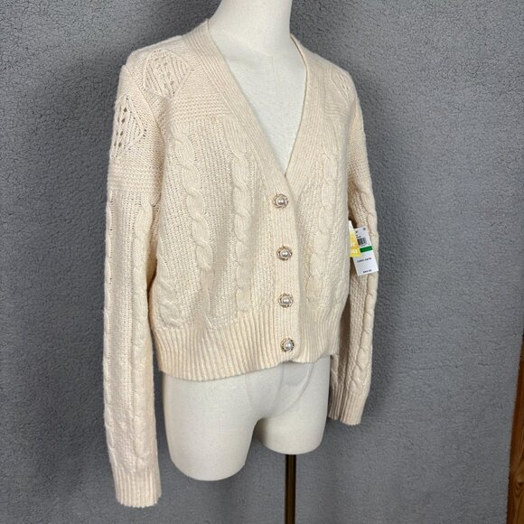Sugar Moon Juniors' Irish Cream Cable Knit Bling Button Cardigan Sweater Lg NWTs - Picture 3 of 8